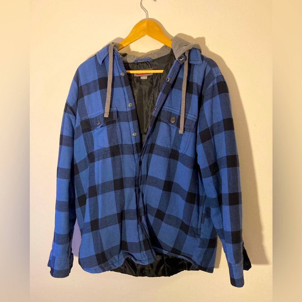 Craftsman Blue Plaid Flannel Button-Up Hooded Sweatshirt
